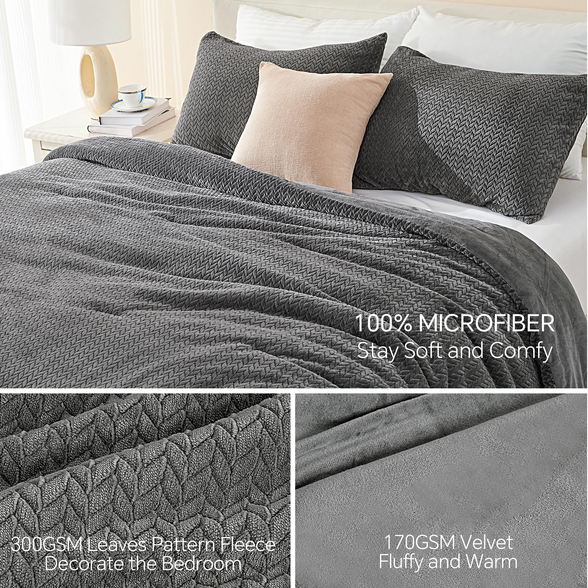 Fluffy Comforter Set - Furry Leaves Pattern Faux Fur Bed Set, Winter Ultra Soft Fuzzy