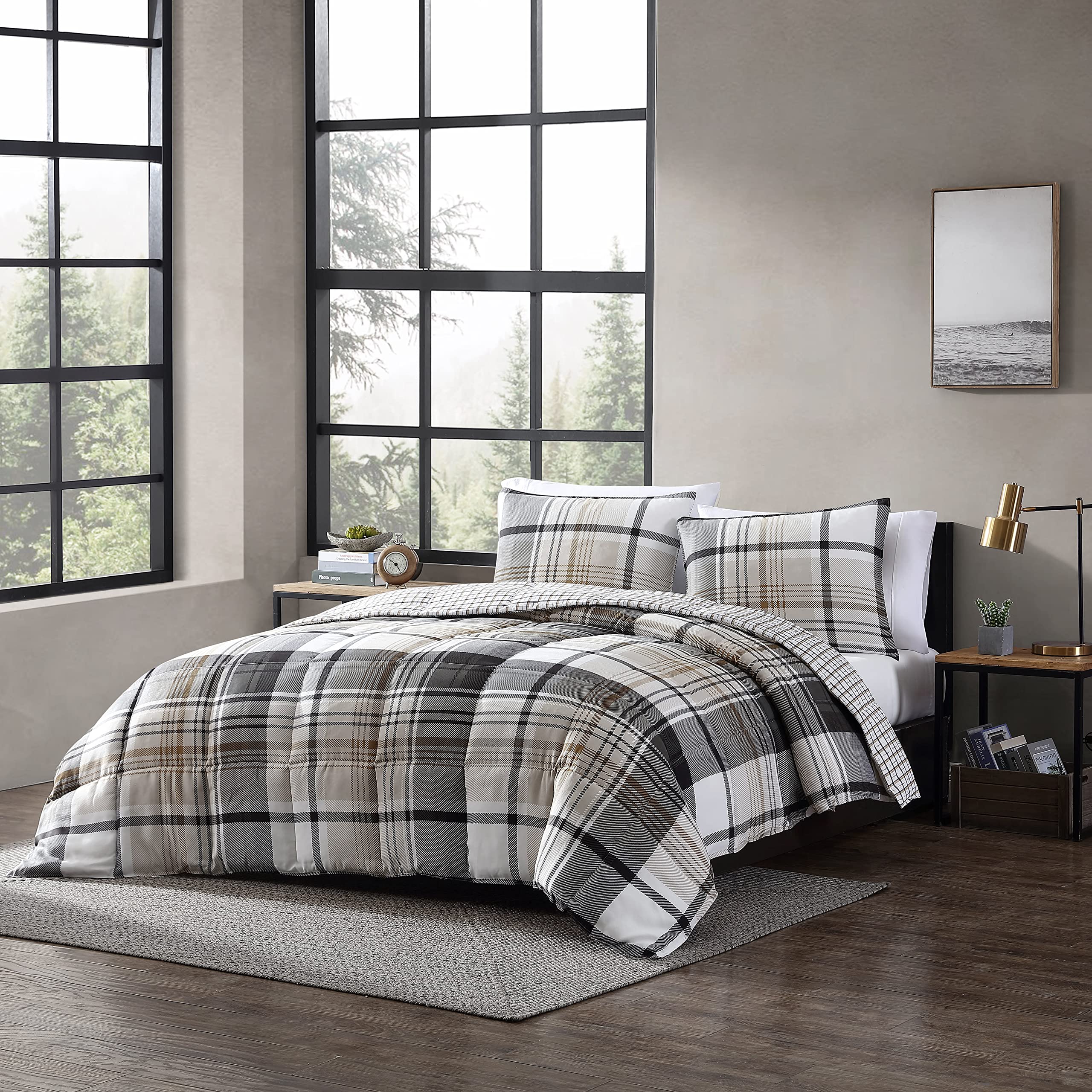 Normandy Grey Plaid King Comforter Set - Reversible Bedding