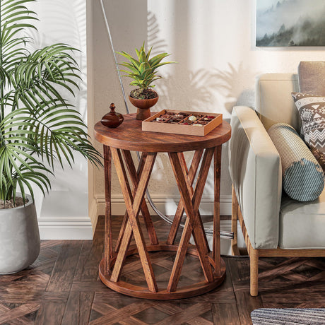 Farmhouse End Table, Rustic Round Side Table with X-Motifs Legs, Wood Textured Top