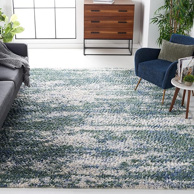 Berber Shag Collection Area Rug - 8' x 10', Grey Blue & Cream, Modern Abstract Design