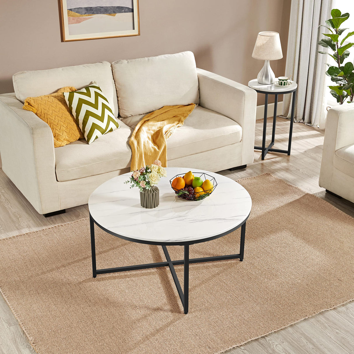 Faux Marble Coffee Table, Modern Round Accent Table with X-Base & Metal Frame,