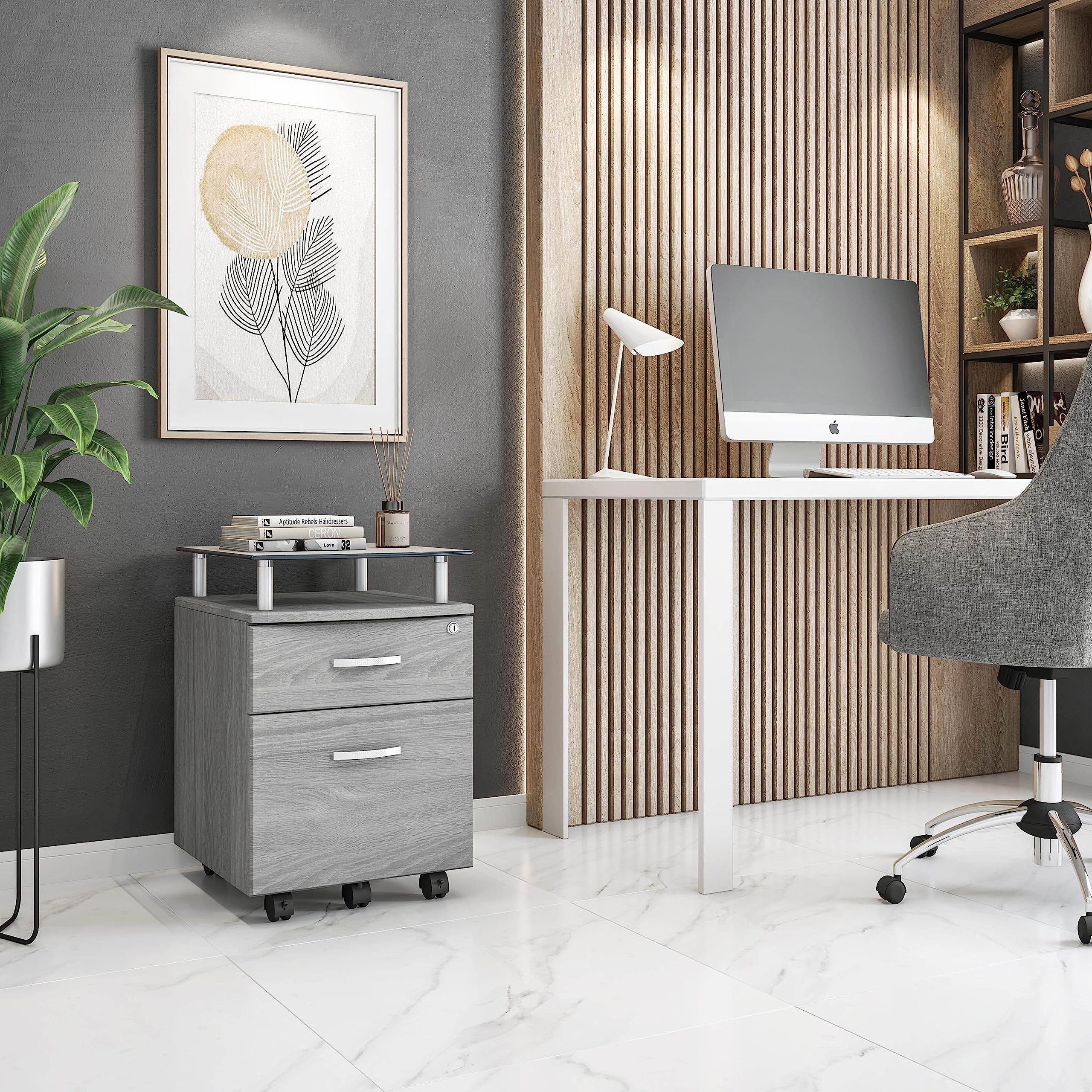 2-Drawer Rolling File Cabinet with Lock and Glass Top, Under Desk File Cabinet