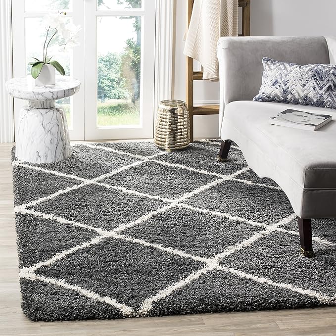 S Hudson Shag Collection Area Rug - 8' x 10', Ivory & Beige, Modern Trellis Design