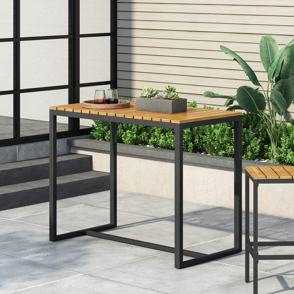 Frieda Outdoor Modern Industrial Acacia Wood Bar Table, Teak Finish + Black