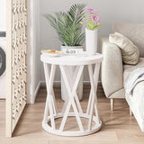 Farmhouse End Table, Rustic Round Side Table with X-Motifs Legs, Wood Textured Top