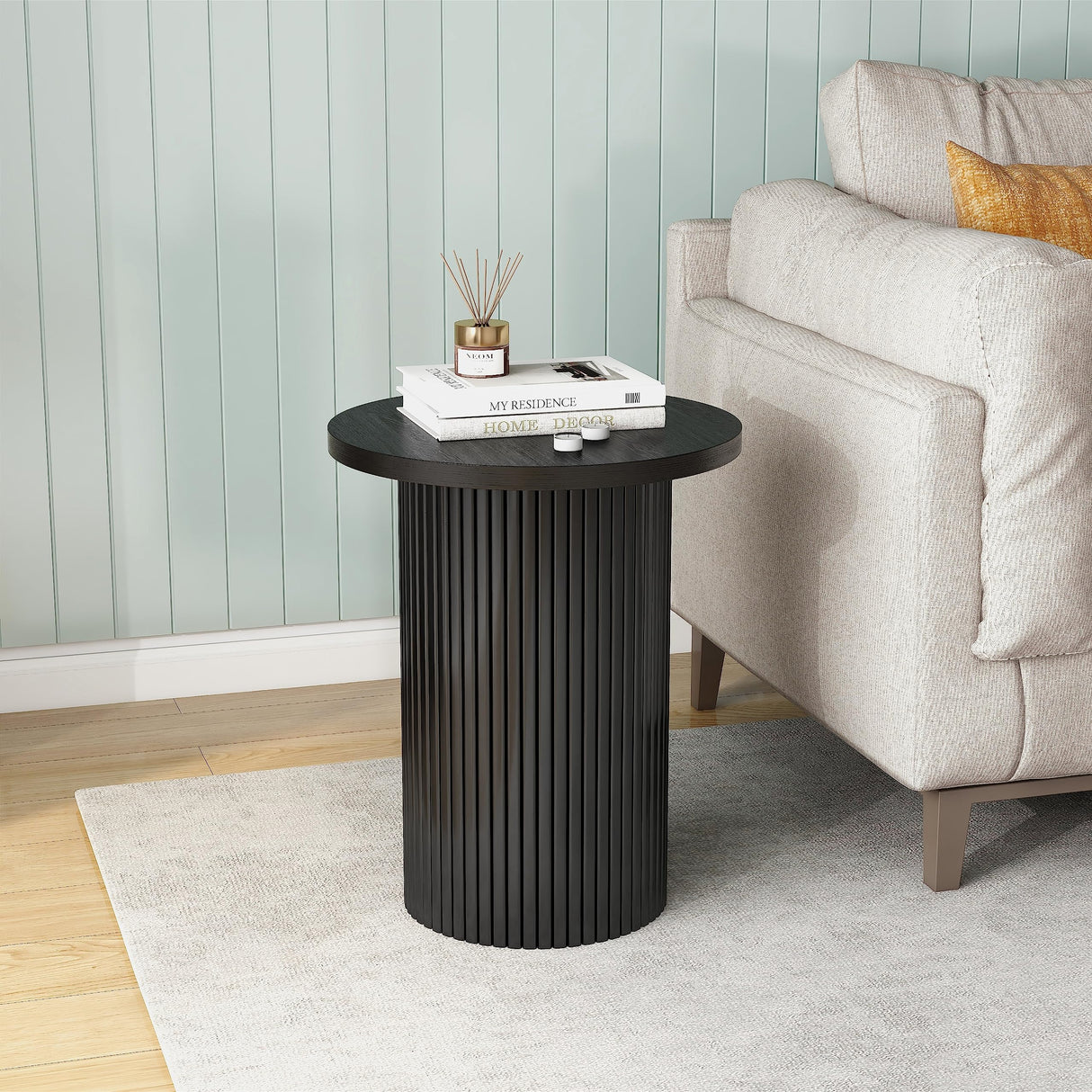 Black Side Tables Living Room, Modern Drum End Table, 18 inch Wide Black Accent Table,