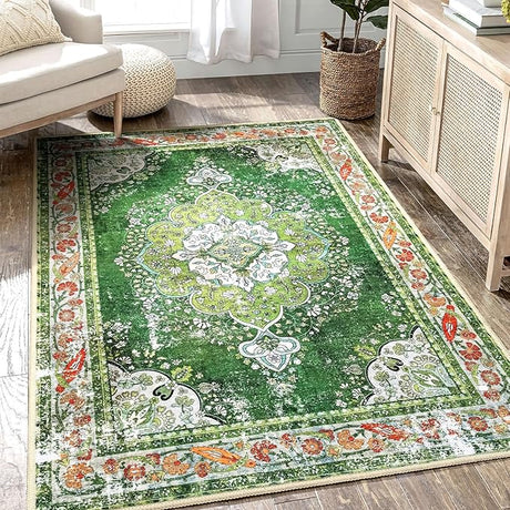 Area Rug 5x7 for Living Room Green Boho Non-Slip Washable Rug Vintage Low Pile Large