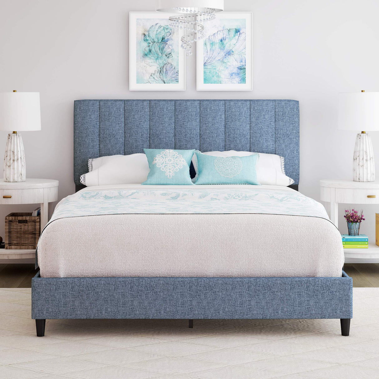 Leah Upholstered Vertical Tufted Platform Bed with Headboard and Strong Wood 13-Slat