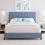 Leah Upholstered Vertical Tufted Platform Bed with Headboard and Strong Wood 13-Slat