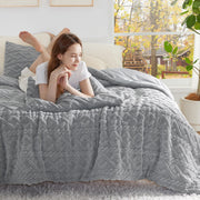 Fluffy Queen Comforter Set, Grey Sherpa Fleece Bedding Comforter Set, Luxury Jacquard Farmhouse