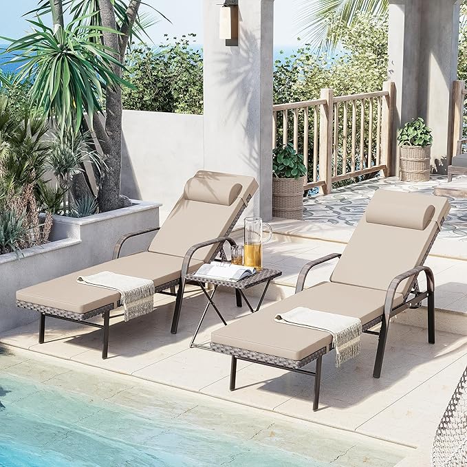 Outdoor Chaise Lounge Chairs 3 Pieces PE Wicker Patio Furniture Set Rattan Beach