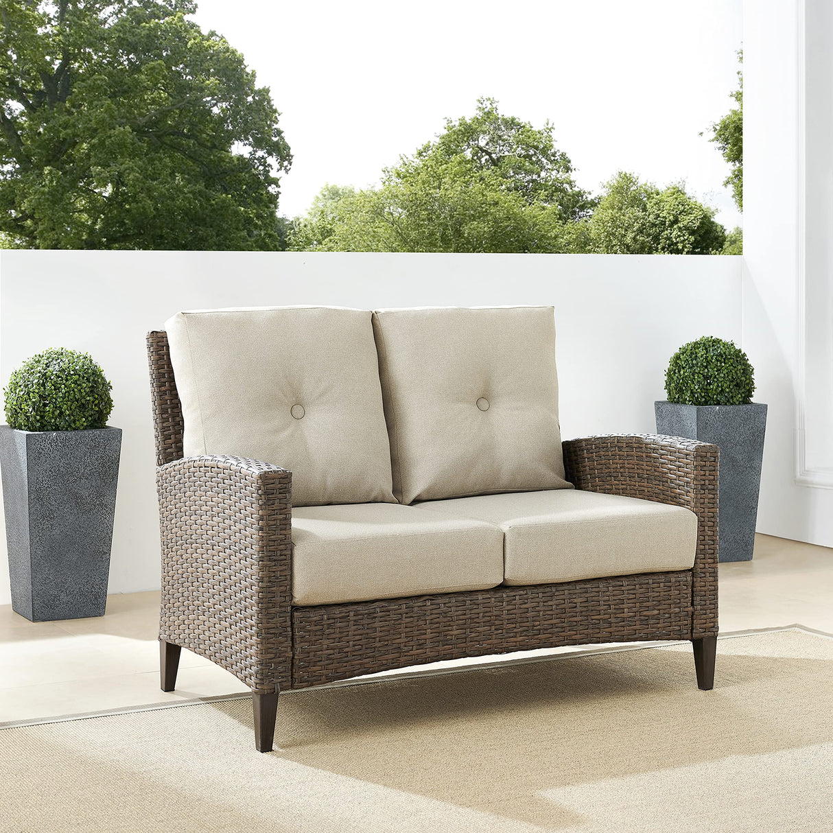 Crosley Furniture Rockport Wicker Outdoor Loveseat, 2-Person Patio Couch for Porch, Deck, Backyard, Balcony, Light Brown