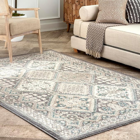 5x8 Becca Traditional Tiled Area Rug, Beige, Faded Transitional Design, Stain Resistant,