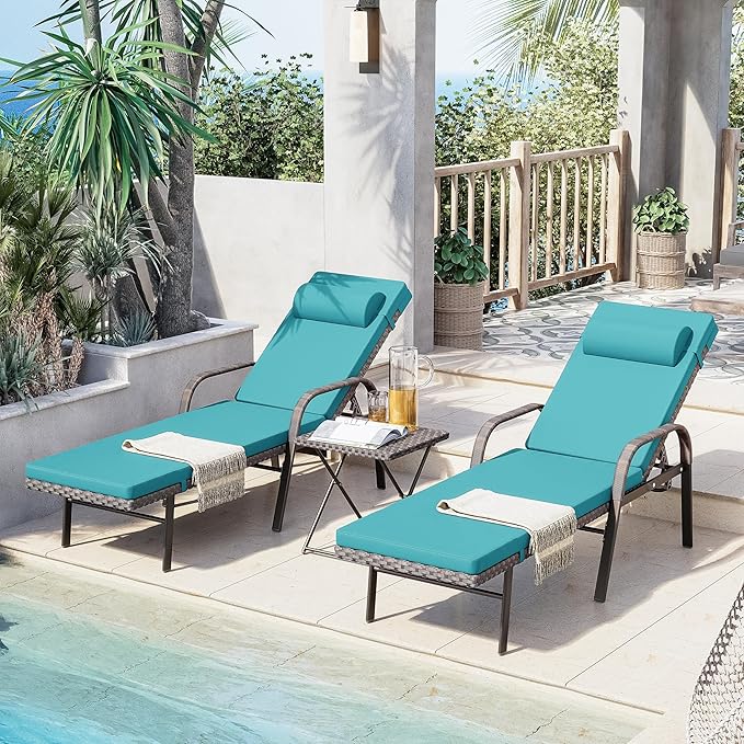 Outdoor Chaise Lounge Chairs 3 Pieces PE Wicker Patio Furniture Set Rattan Beach