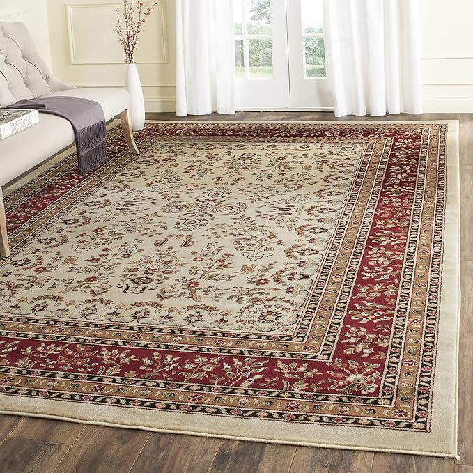 Lyndhurst Collection Area Rug - 9' x 12', Ivory & Red, Traditional Oriental Design
