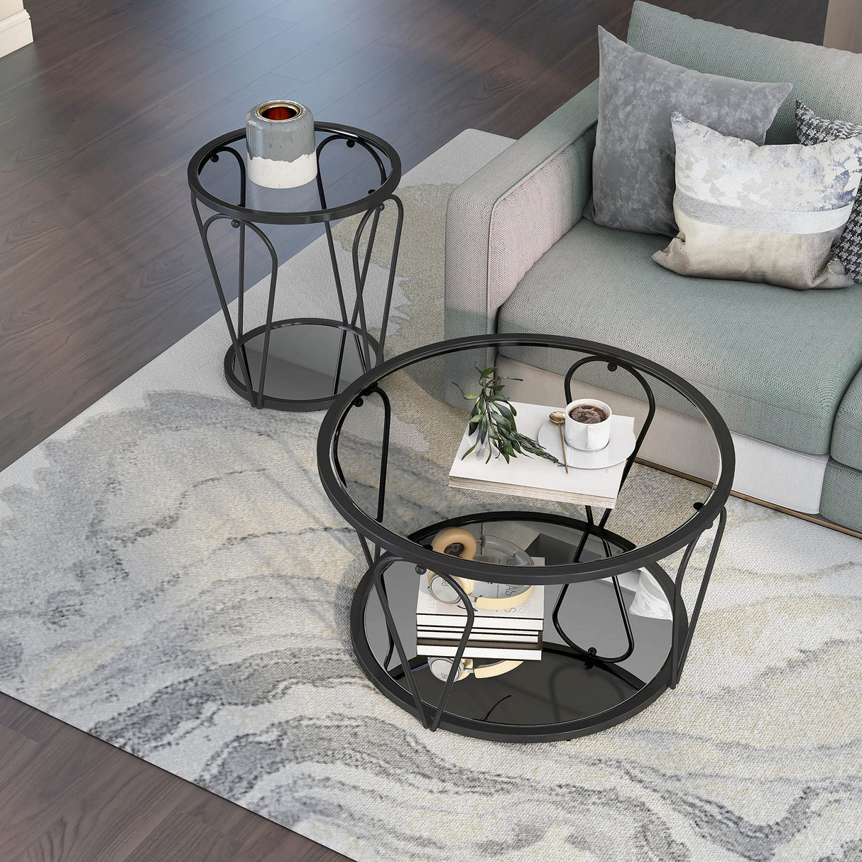 Pacific Luxury Glam Open-Shelf Glass Top 2-Piece Coffee and End Table Set