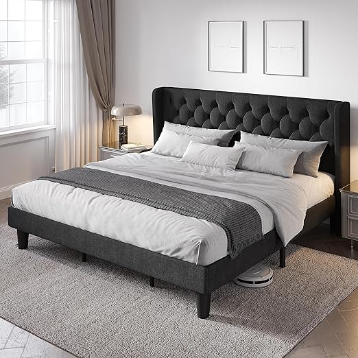 Queen Size Bed Frame with Button Tufted Wingback Headboard, Upholstered Platform