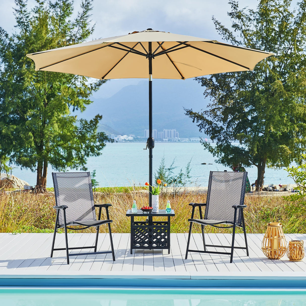 Yaheetech Outdoor Side Table with Umbrella Hole, Outdoor Table Base Metal Patio Side Table Coffee Table End Table for Garden, Pool, Deck - Bircata