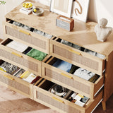 6 Drawer Double Dresser for Bedroom, Rattan Chest of Dressers