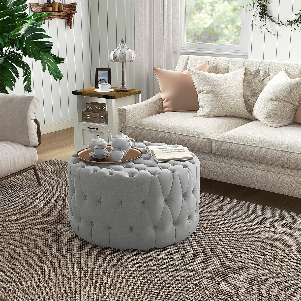 31.5" Round Ottoman, Large Velvet-Feel Upholstered Foot Stool