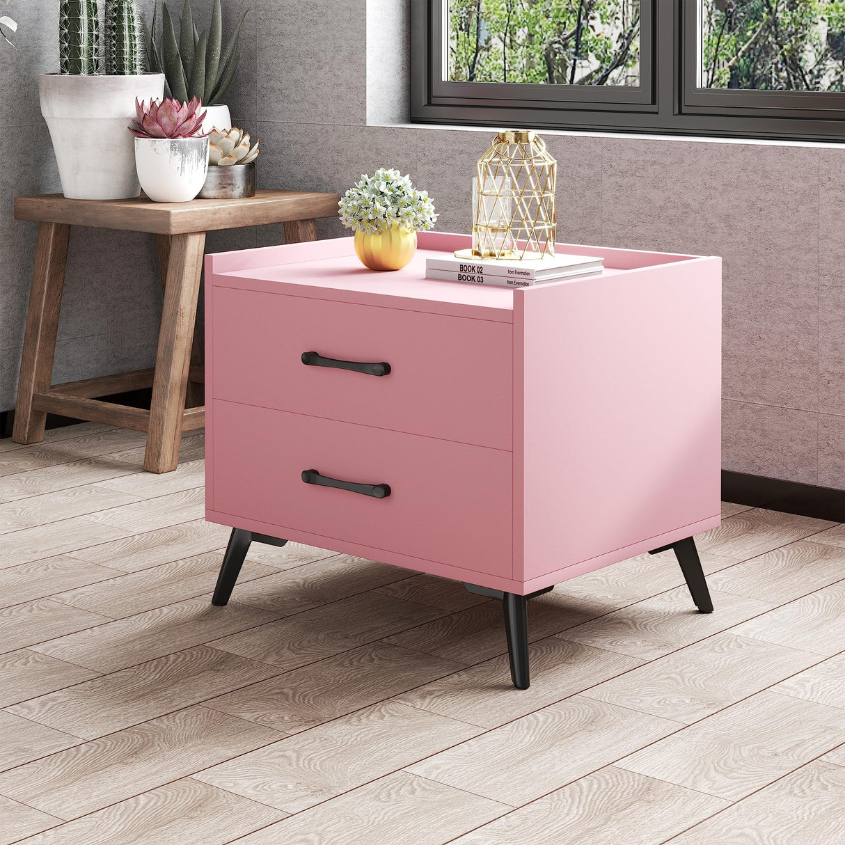 Pink Nightstand with 2 Storage Drawer,Modern Classics Bedside Table with Metal Legs