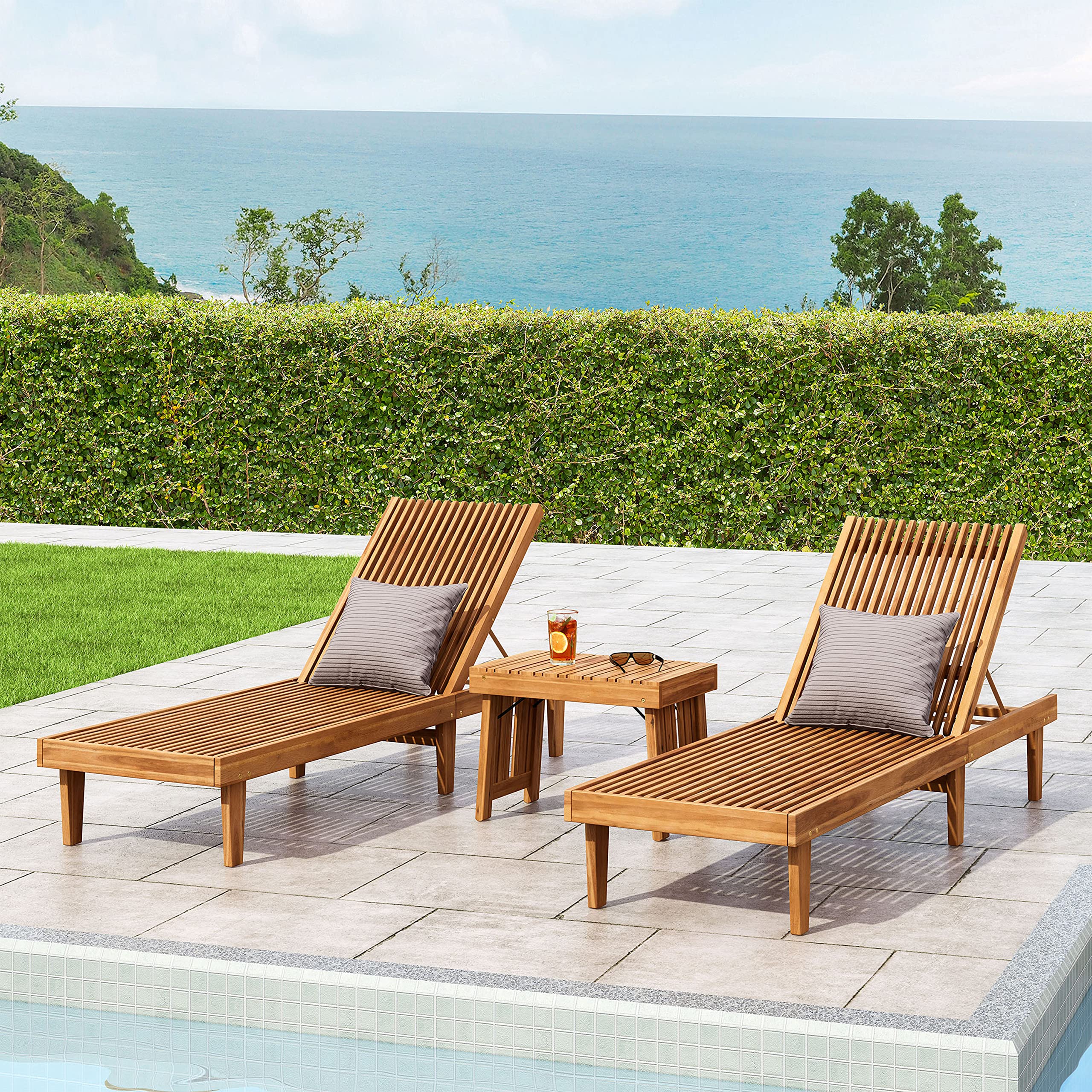 Vernon Outdoor Acacia Wood Chaise Lounge Set, Teak Finish