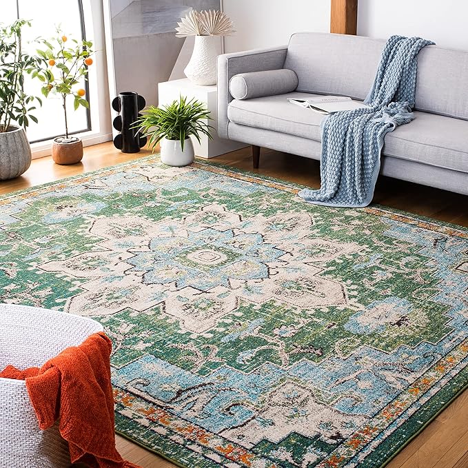 Madison Collection Area Rug - 8' x 10', Orange & Teal, Boho Chic Medallion Distressed