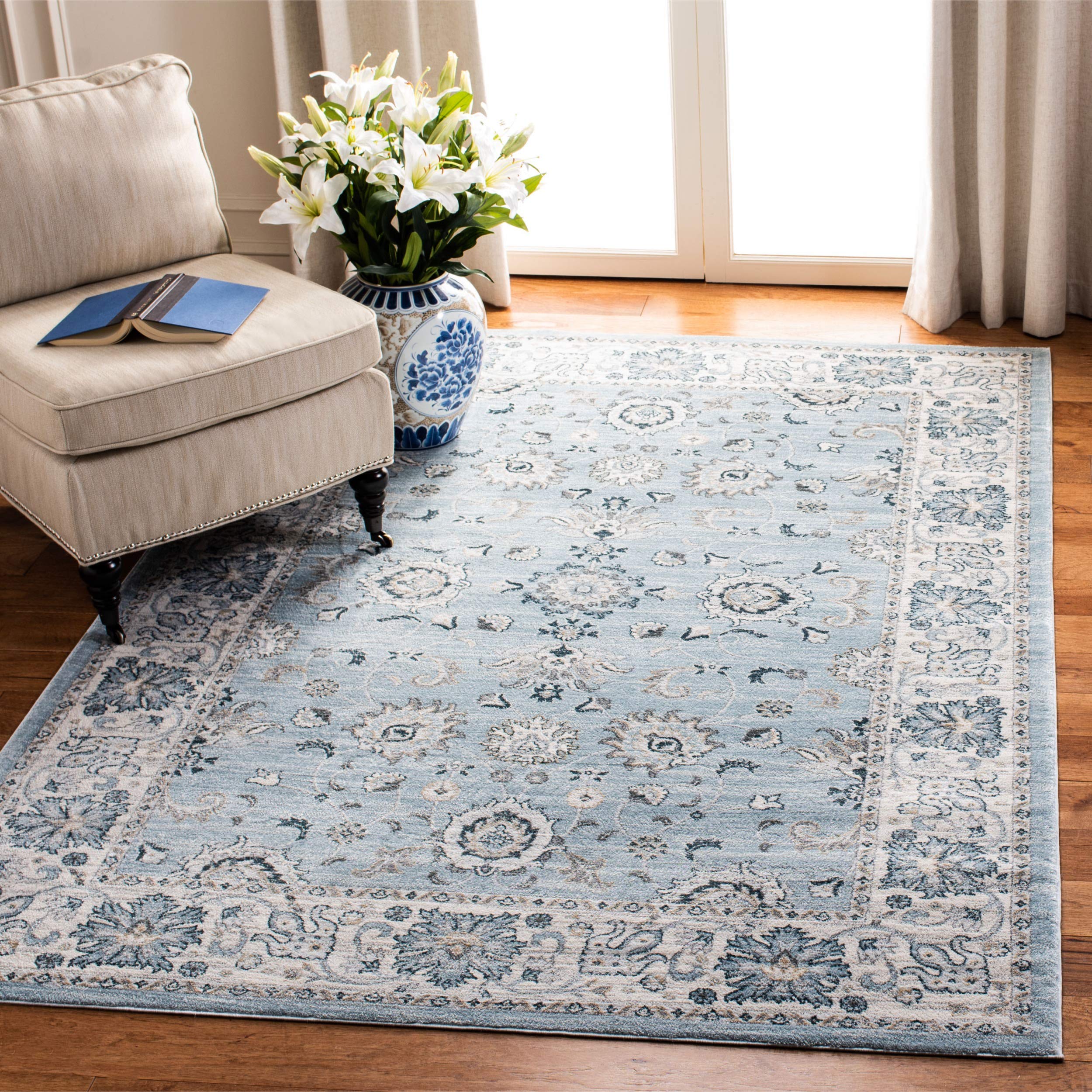 Isabella Collection Area Rug - 8' x 10', Light Blue & Cream, Oriental Design, Non-Shedding