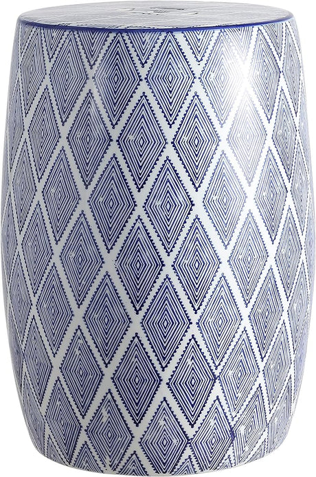 TBL1019A Moroccan Diamonds 18" Ceramic Drum Garden Stool, Coastal, Contemporary, Transitional,