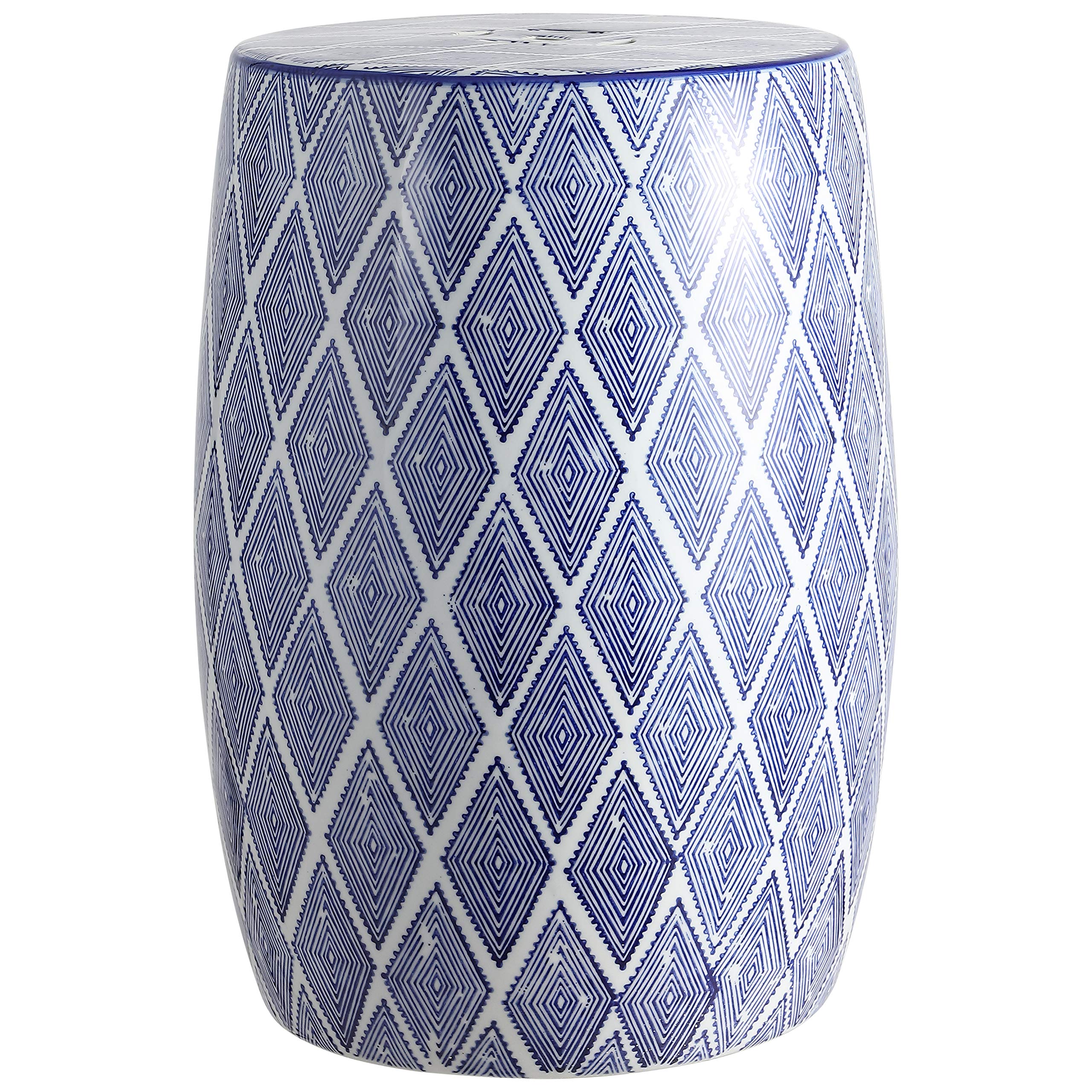 TBL1019A Moroccan Diamonds 18" Ceramic Drum Garden Stool, Coastal, Contemporary, Transitional,