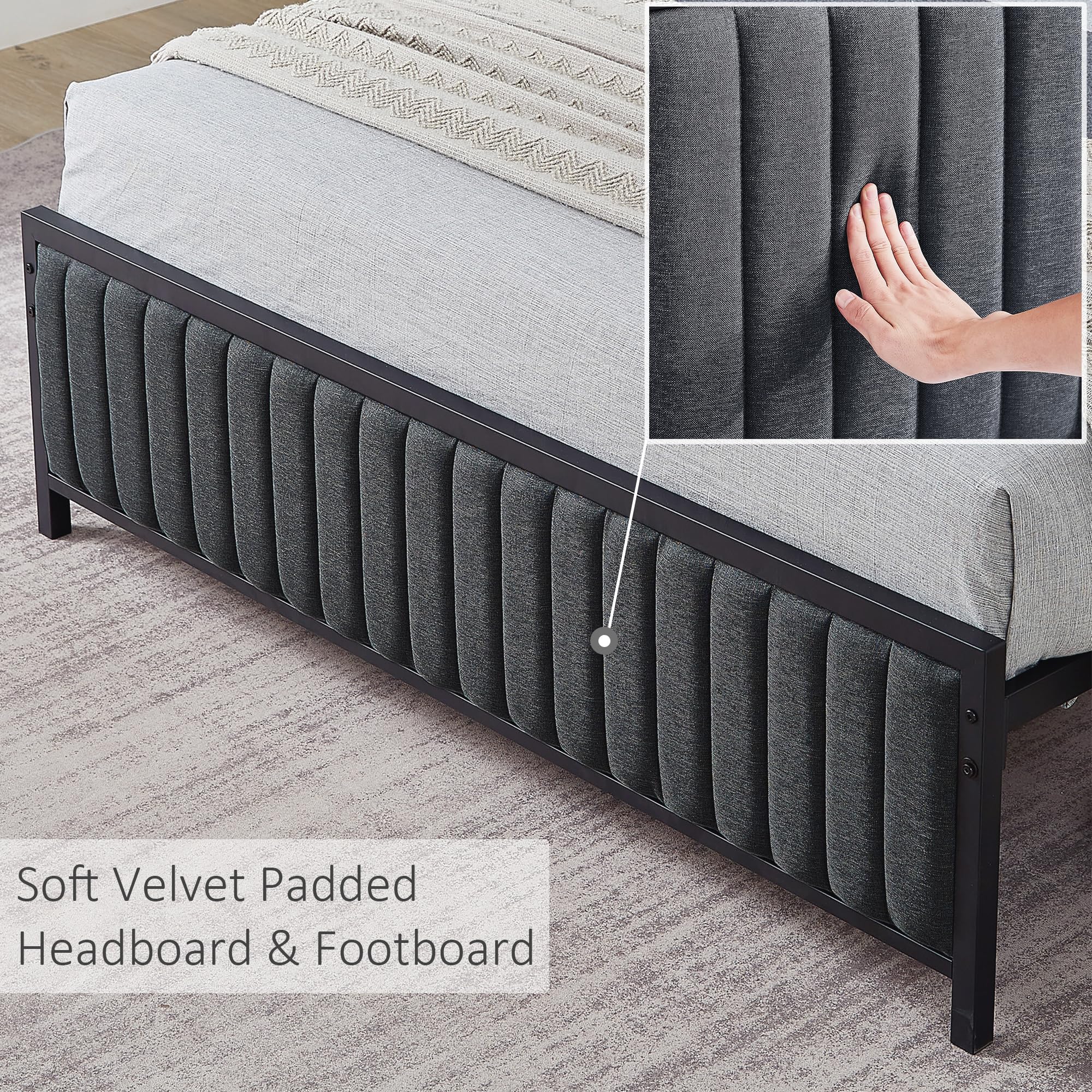 Full Size Bed Frame with Upholstered Tufted Headboard & Footboard,