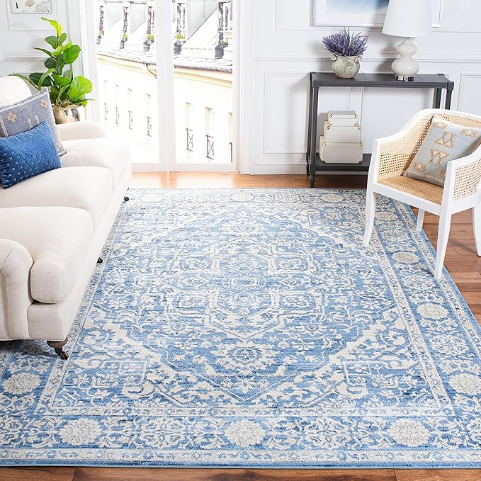 Brentwood Collection 8' x 10' Ivory/Blue BNT832B Medallion Distressed Non-Shedding