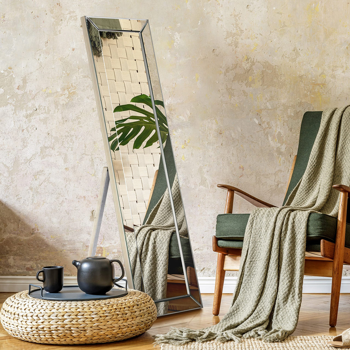 Empire Art Direct Moderno Cheval, Solid Wood Frame with 1"-Beveled Center Full Length Modern Mirror for Bathroom,Bedroom,Living Room,Ready to Stand on The Floor, 18" x 64", Clear