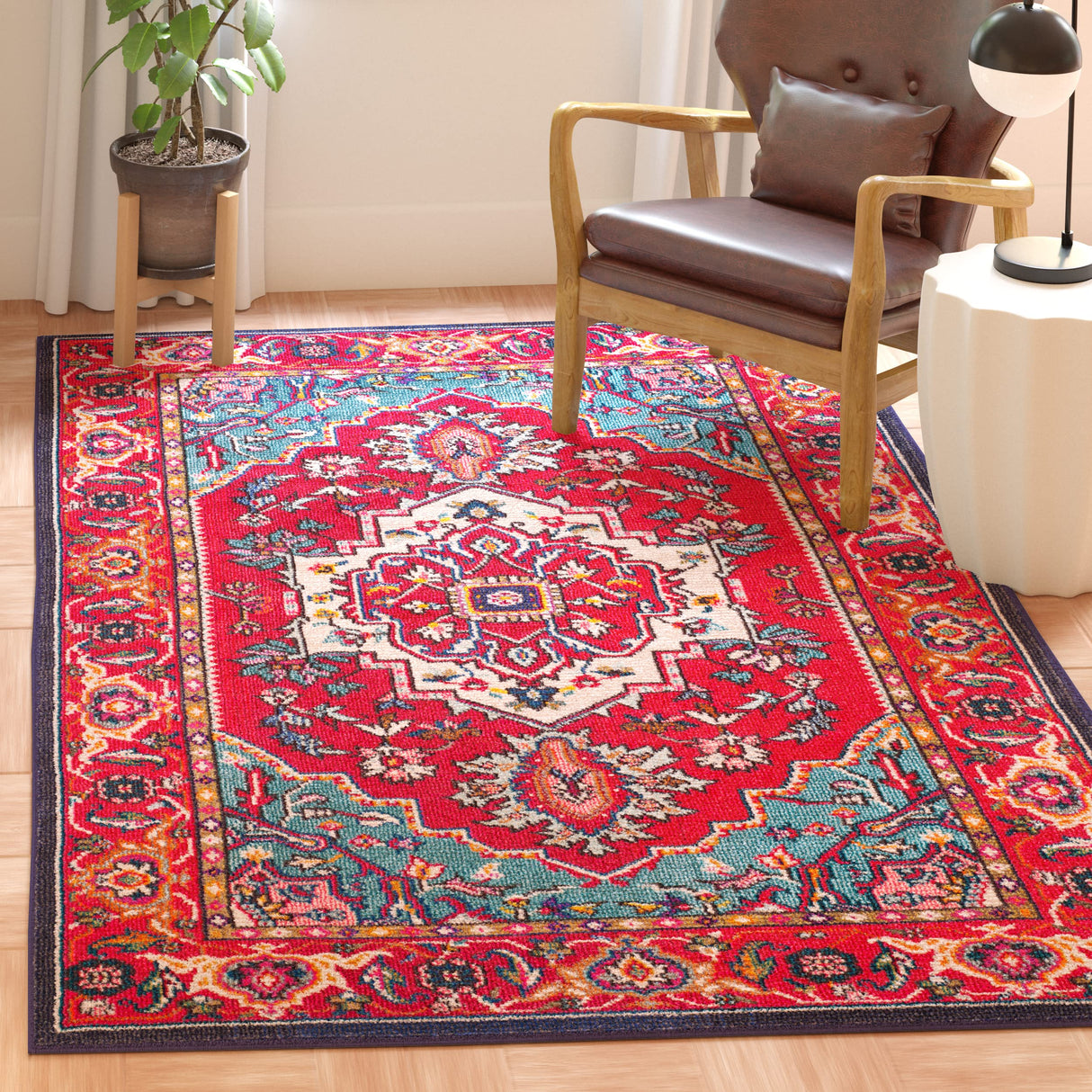 Monaco Collection Area Rug - 8' x 10' Red & Turquoise Boho Oriental Medallion
