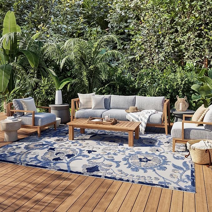 9' x 12' Navy Multicolor Fabric Outdoor Area Rug (9' x 12')