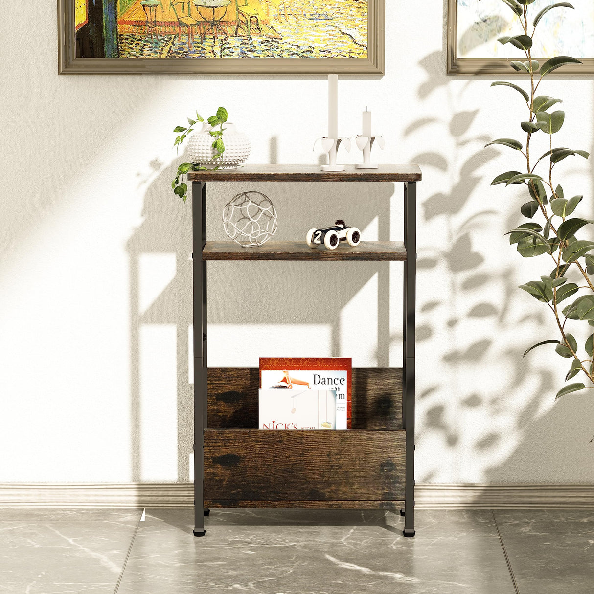 7.1" Narrow Side Table for Small Spaces, 3 Tier Small End Table with Magazine Holder