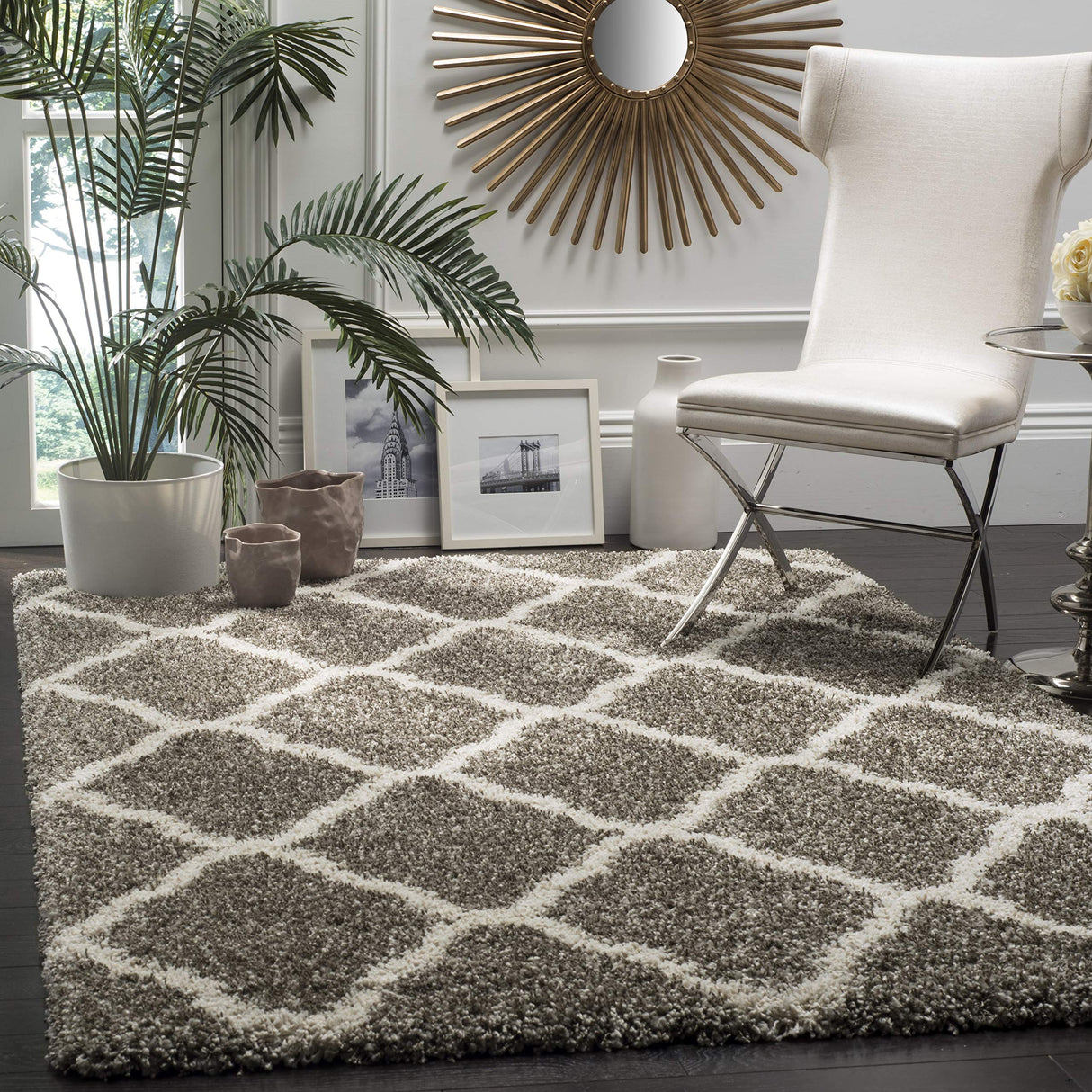 Hudson Shag Collection 9' Square Grey/Ivory SGH283B Moroccan Trellis Non-Shedding