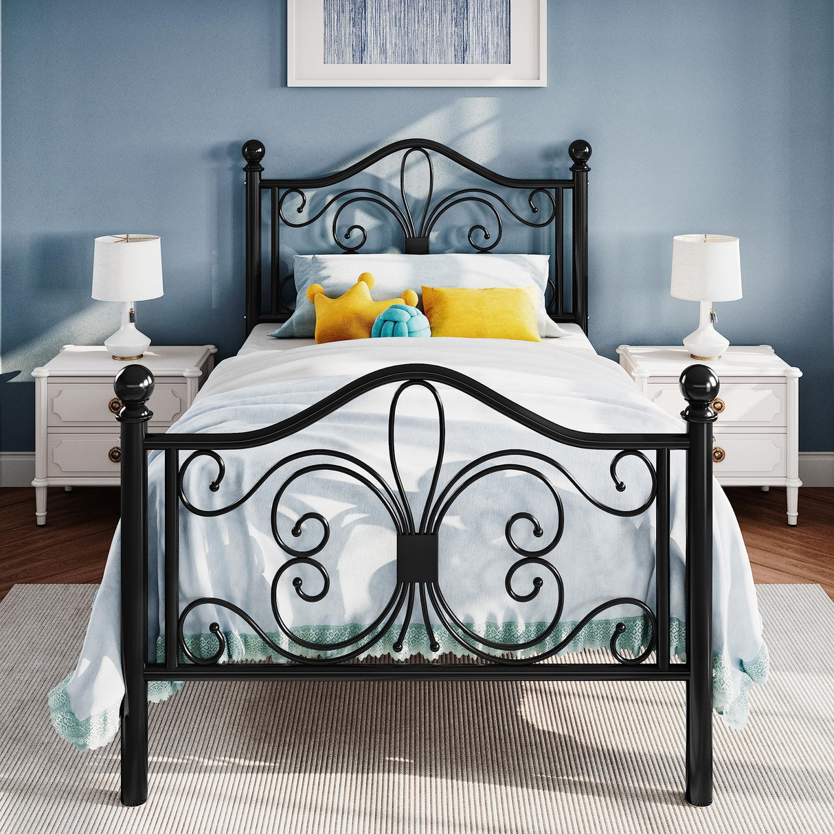 Twin Size Bed Frame for Kids,Metal Bed Frame with Butterfly Pattern Design Headboard