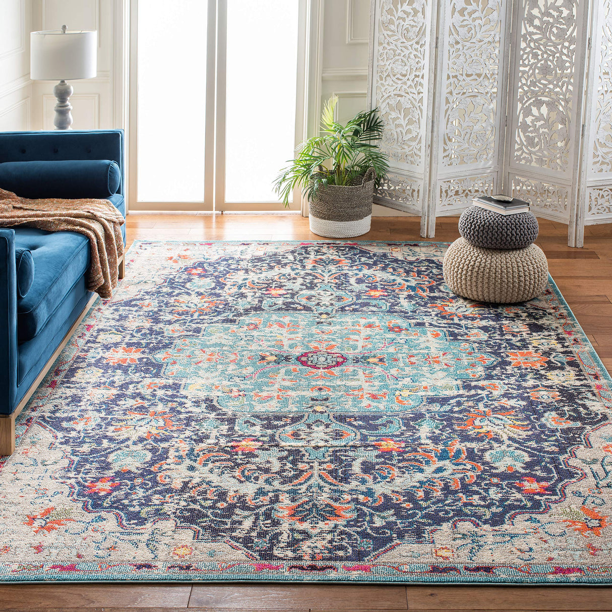Madison Collection Area Rug - 8' x 10', Black & Teal, Boho Chic Medallion Distressed Design