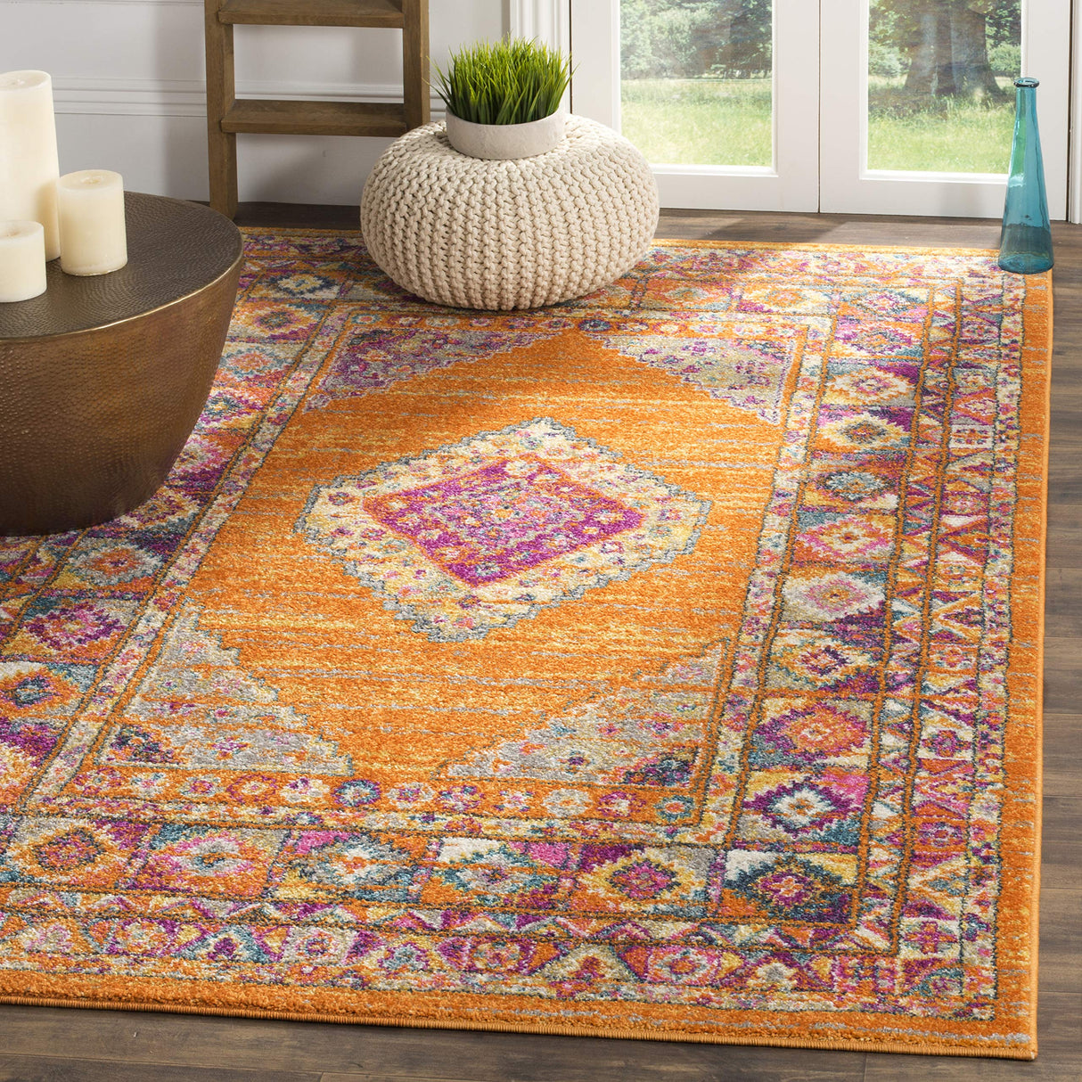 Madison Collection 8' Square Orange/Fuchsia MAD133D Boho Chic Medallion Non