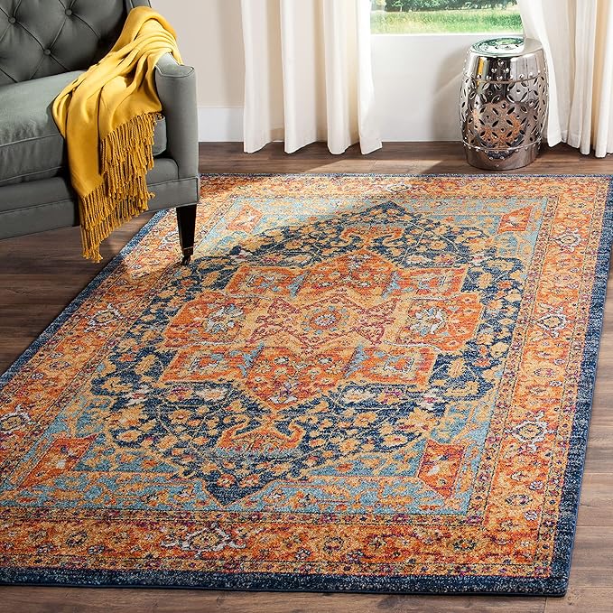 Evoke Collection 6'7" Square Blue/Orange EVK275C Oriental Medallion Distressed Non