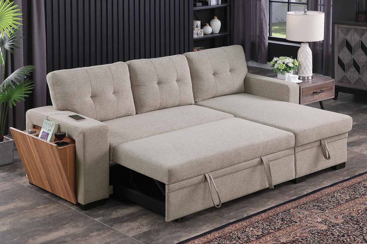 Shaped Corner Sleeper Sectional Sofa Modern Linen Upholstered Convertible Sofabed