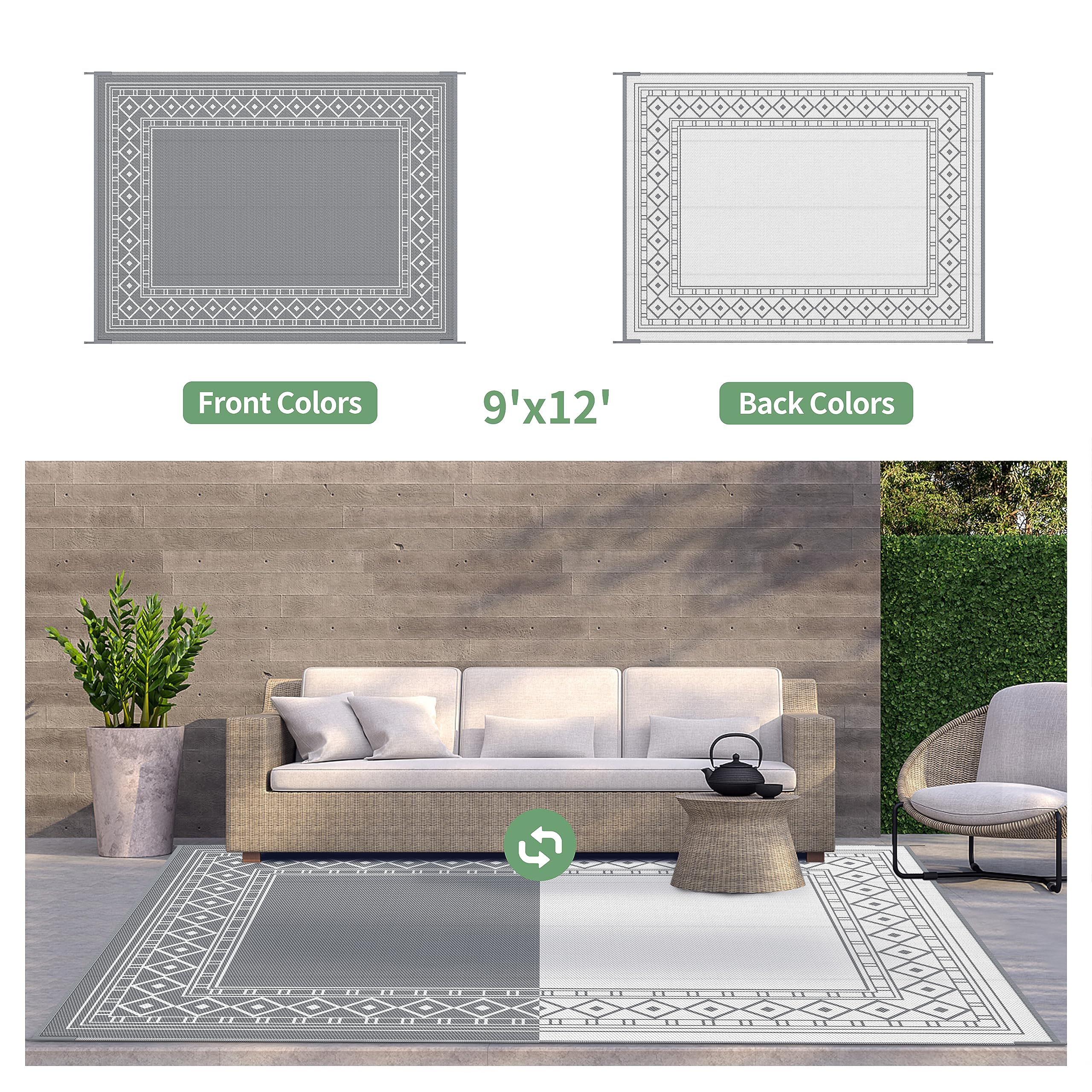 Outdoor Rug 9'x12' for Patio Clearance, Reversible Plastic Straw Outdoor Carpet