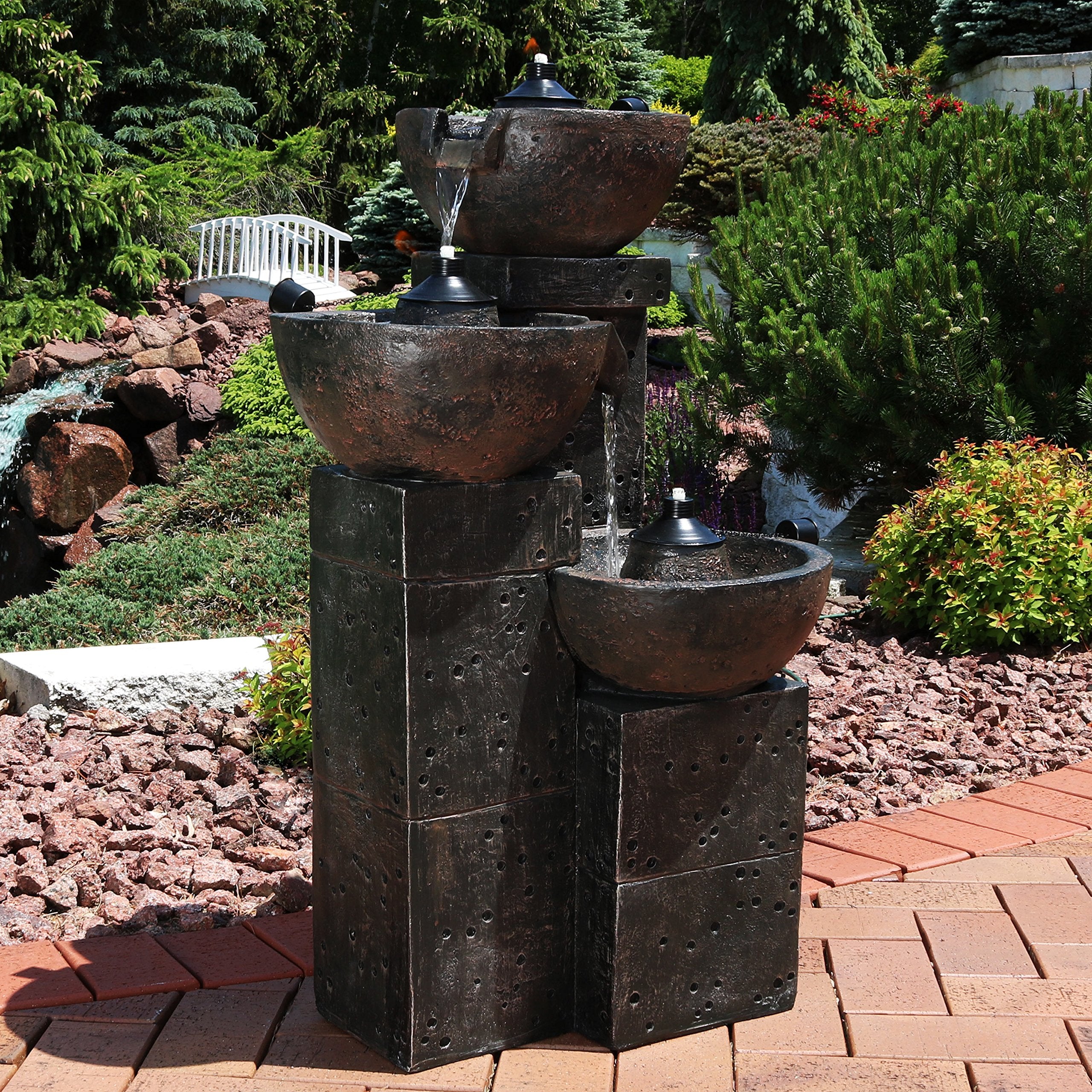 Sunnydaze Burning Bowls 34-Inch 3-Tier Outdoor Water Fountain and Fire Feature - 3 Torches - Electric Submersible Pump