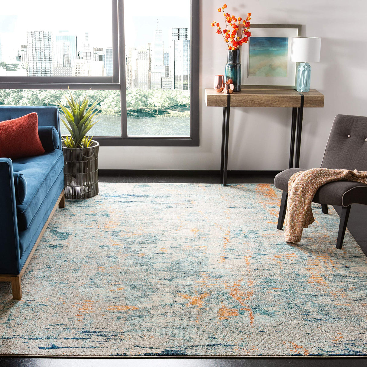 Madison Collection 9' Square Light Blue / Beige MAD457B Modern Abstract Non-Shedding