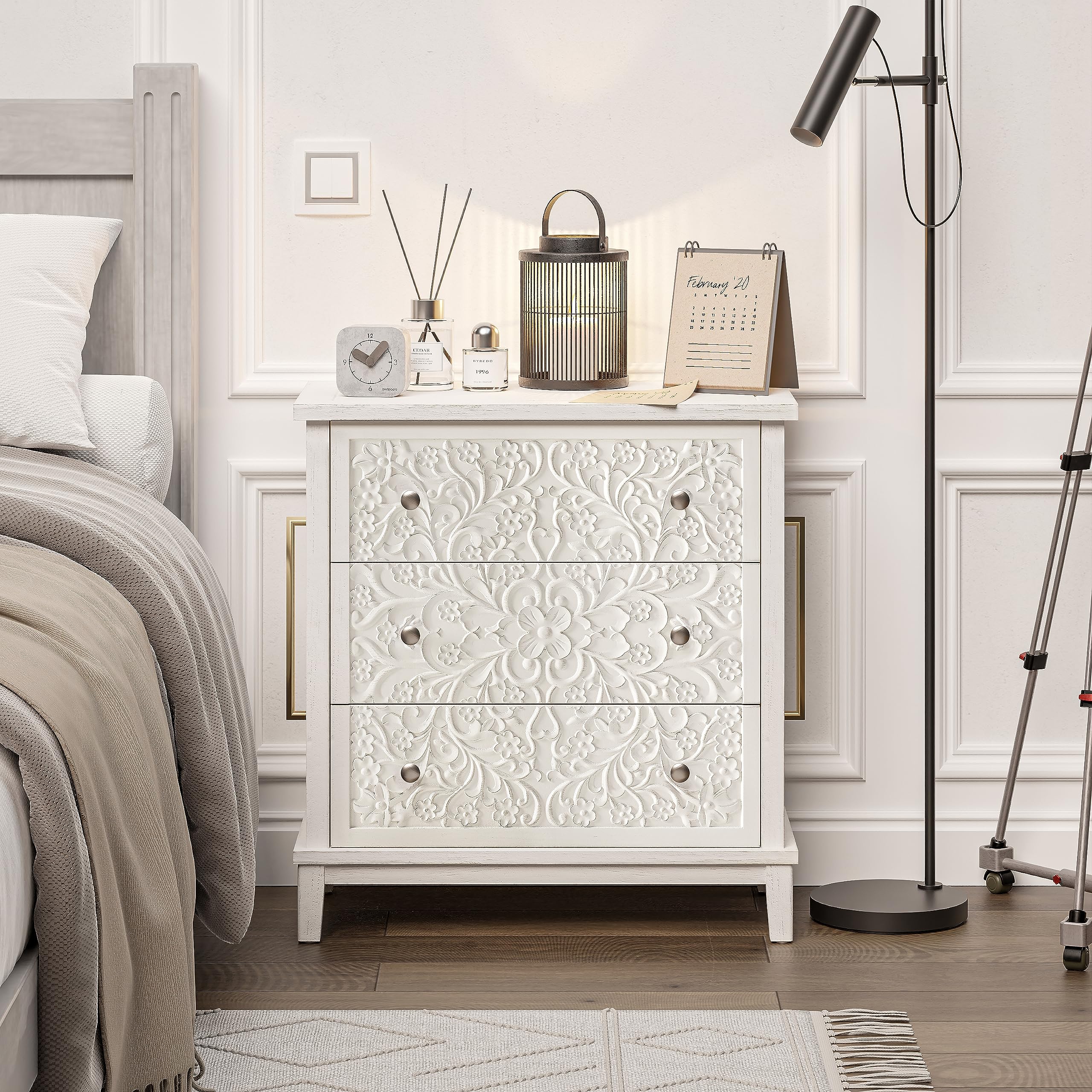 3-Drawer Fully-Assembled Flower Motif Dresser for French Country, Farmhouse, Modern