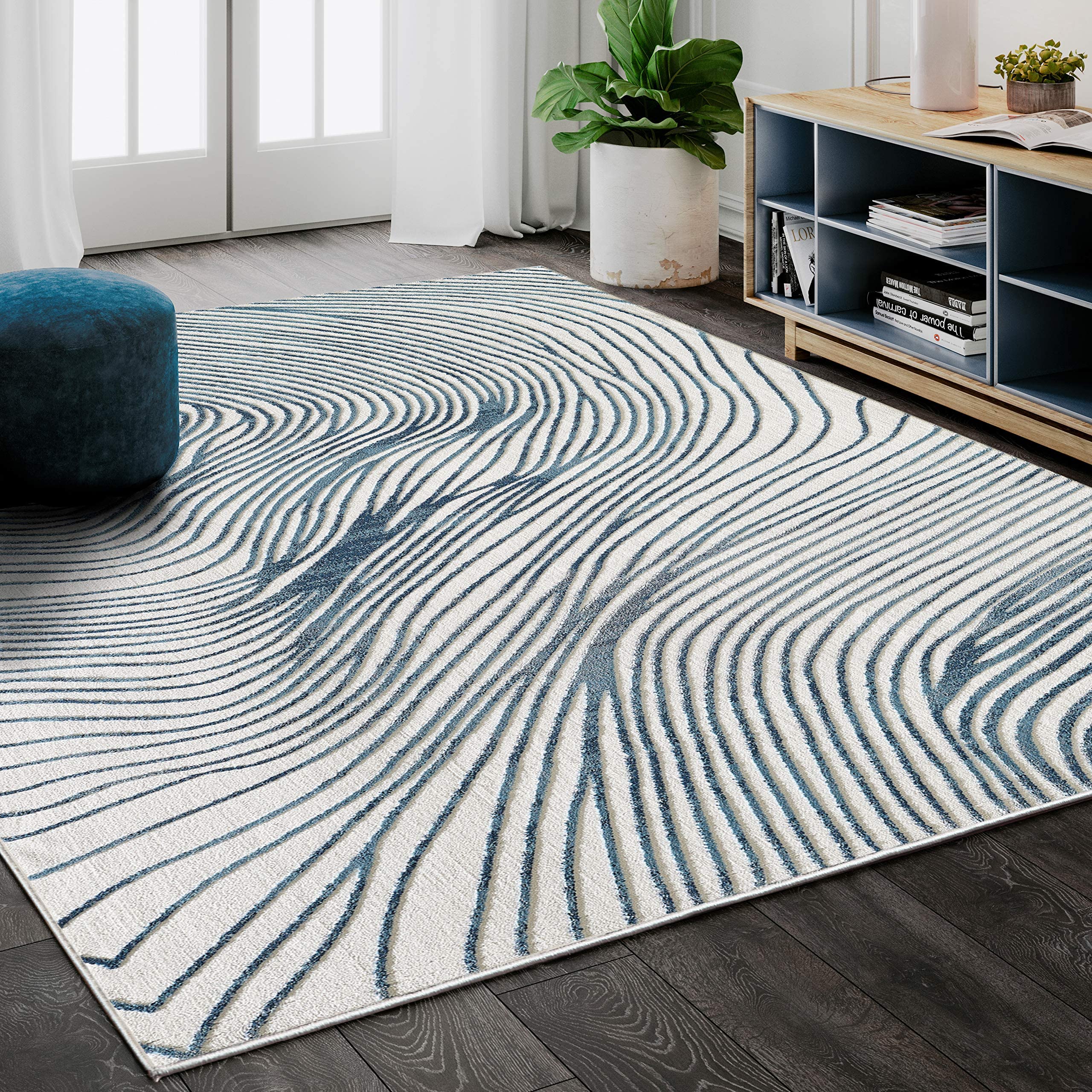 Abani Rugs Contemporary Wave Print 6' X 9' Rectangle Area Rug, Vista Collection - Modern Blue & White Turkish Accent Rug