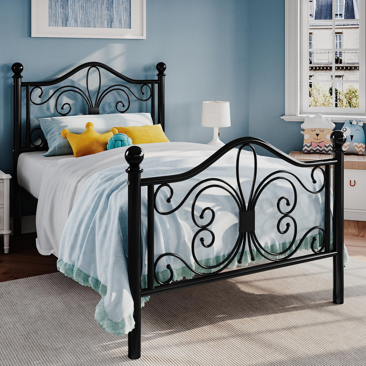 Twin Size Bed Frame for Kids,Metal Bed Frame with Butterfly Pattern Design Headboard