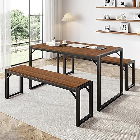 3-Piece Dining Table Set for 4-6, Heavy Duty Kitchen with Metal Frame and Wood Board