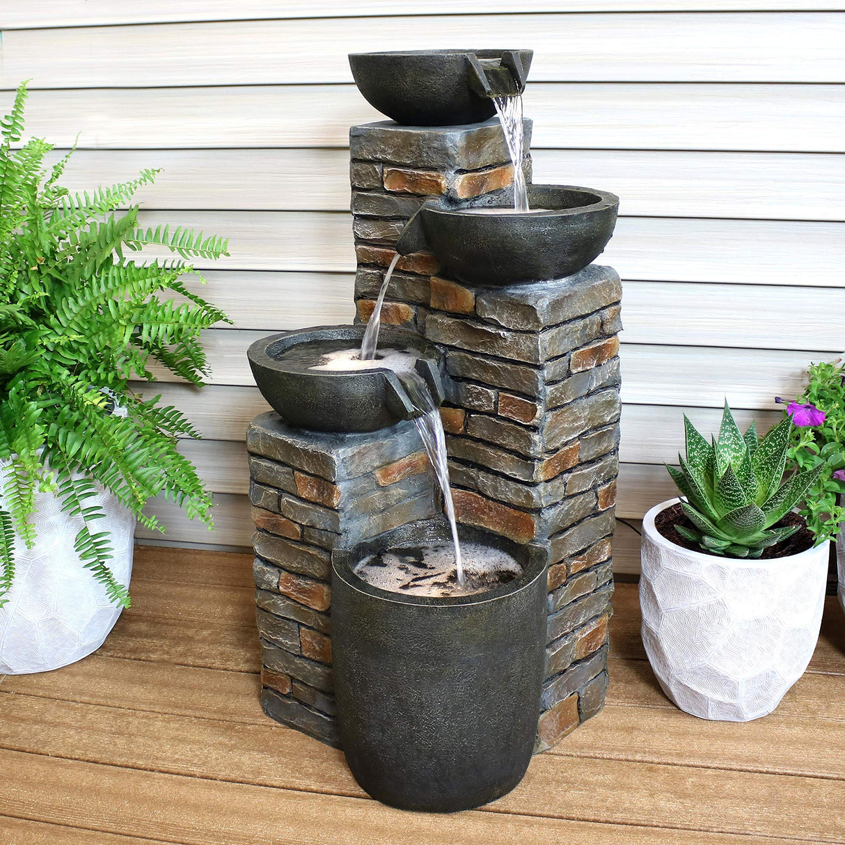 Staggered Bowls 34-Inch Outdoor Water Fountain - LED Lights -Electric Submersible